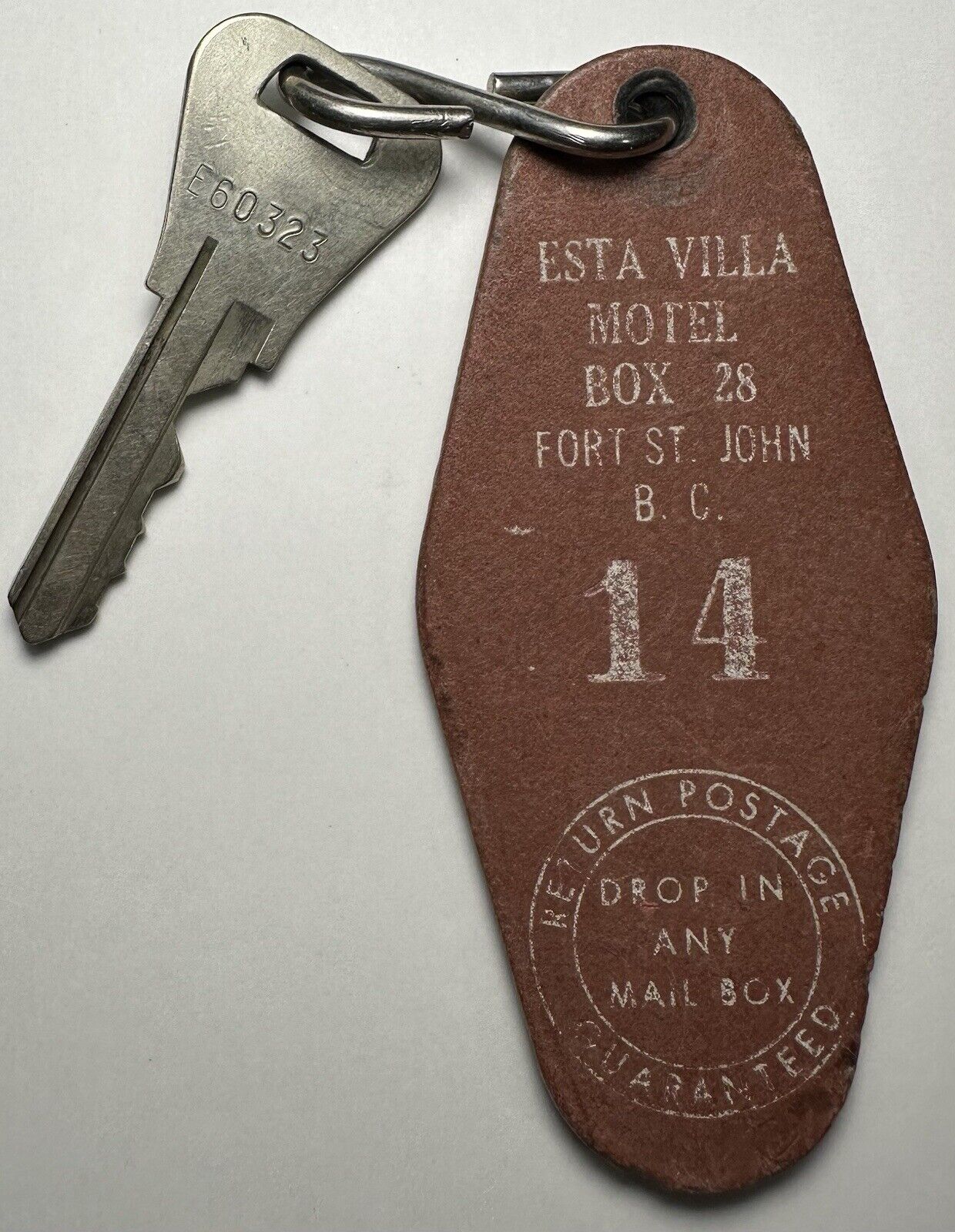 Vintage ESTA VILLA MOTEL HOTEL Room Key & Leather Fob #14 Fort St John BC
