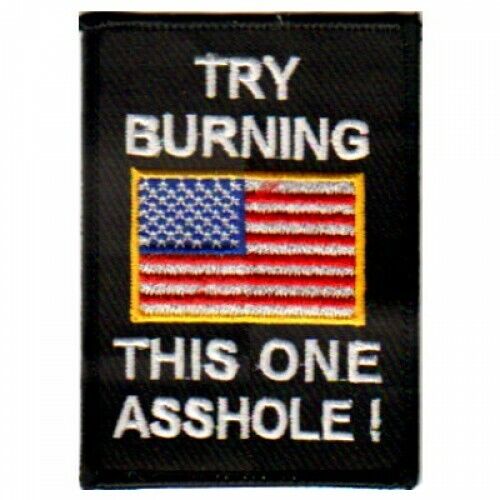 TRY BURNING THIS ONE A**HOLE USA FLAG EMBROIDERED IRON ON BIKER PATCH