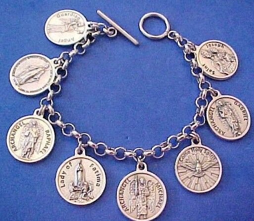 Custom Religious Saint Medal Charm Bracelet Lot PRAYERS  7.5\