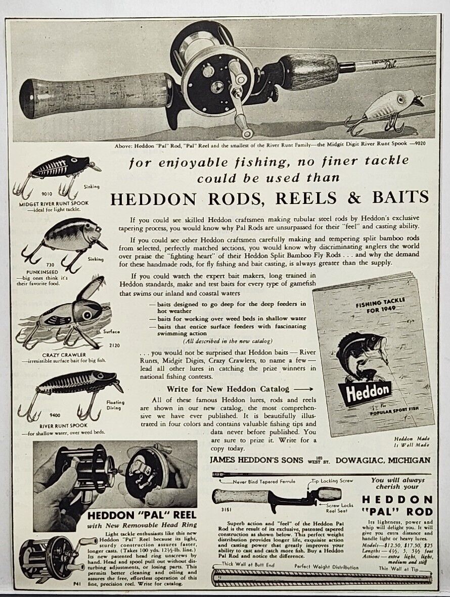 1949 Heddon Rods Reels Baits Fishing Print Ad Dowagiac Michigan