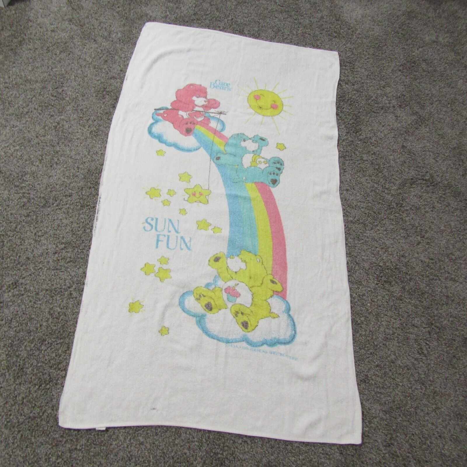 Vintage Care Bears Sun Fun Beach Towel 1984 Rainbow Slide Clouds
