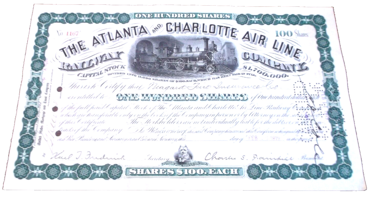 1919 ATLANTA & CHARLOTTE AIR LINE RAILWAY ONE HUNDRED SHARES STOCK CERTIFICATE