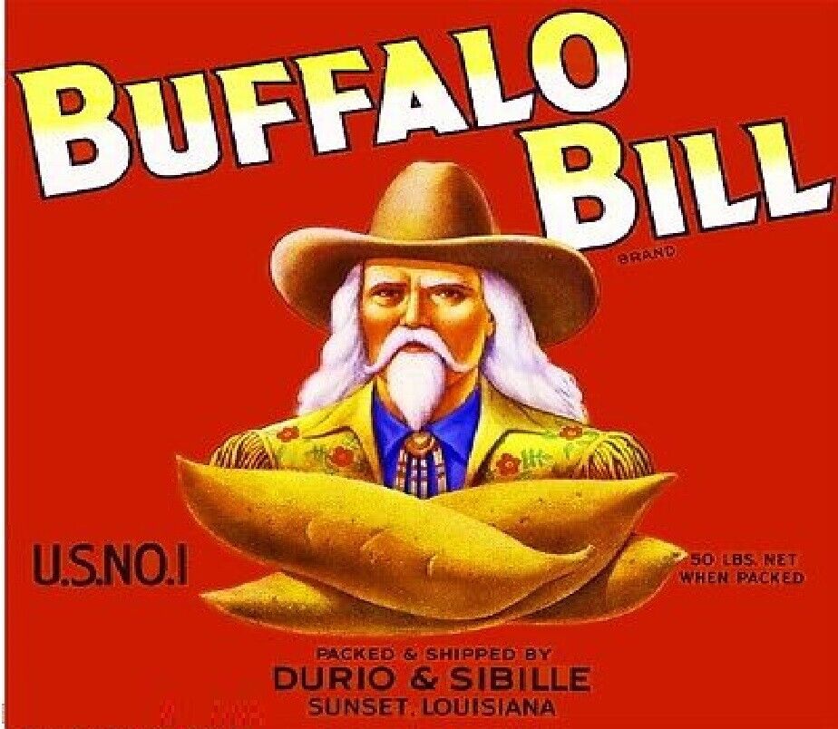 Buffalo Bill Brand Sweet Potato Yams Sunset Louisiana Vegetable Crate Label