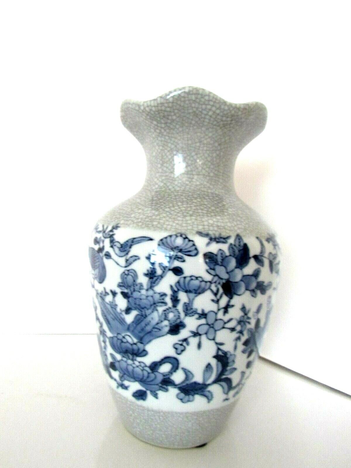  Vintage Rafle Vase Asian Blue & White Bird/Flowers Porcelain Gray Crazed 10\