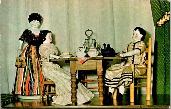 Tea Party of China Dolls Maretta's Doll Shop, Bourbon's Bergen NY Postcard