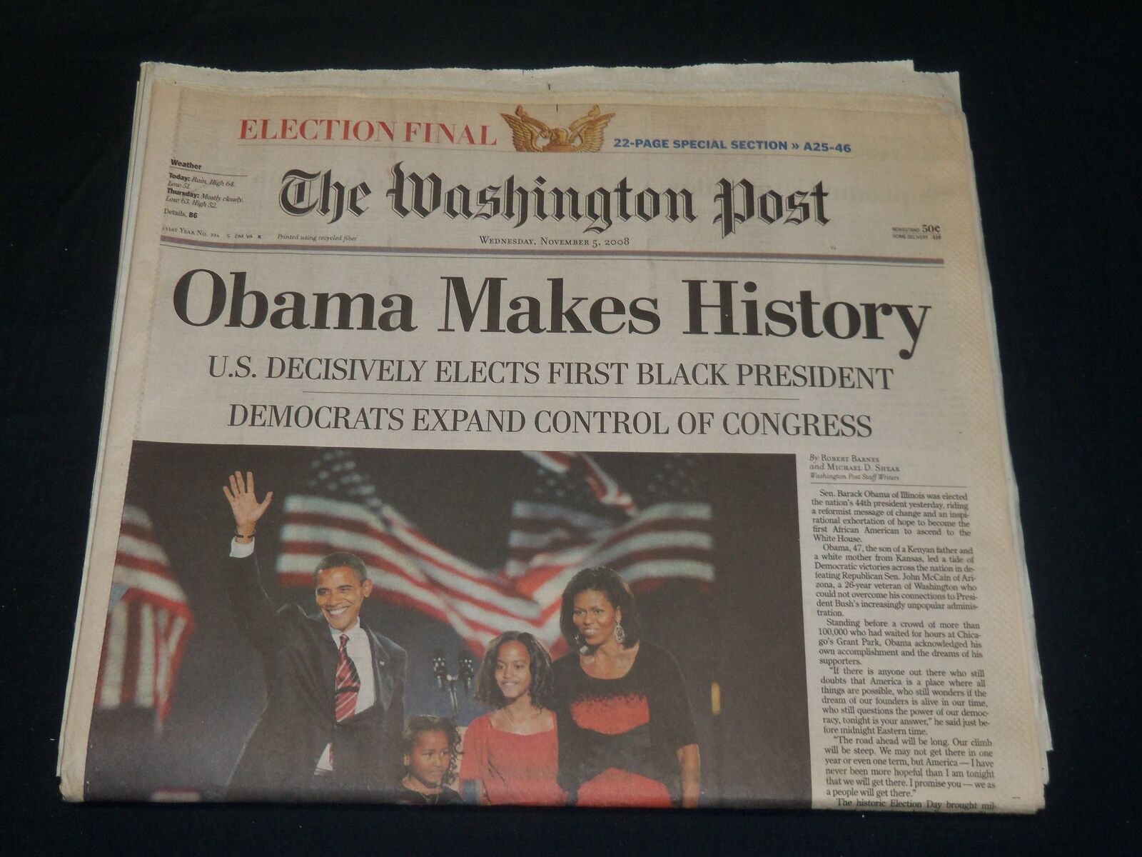 2008 NOVEMBER 5 WASHINGTON POST NEWSPAPER - OBAMA MAKES HISTORY - NP 4922