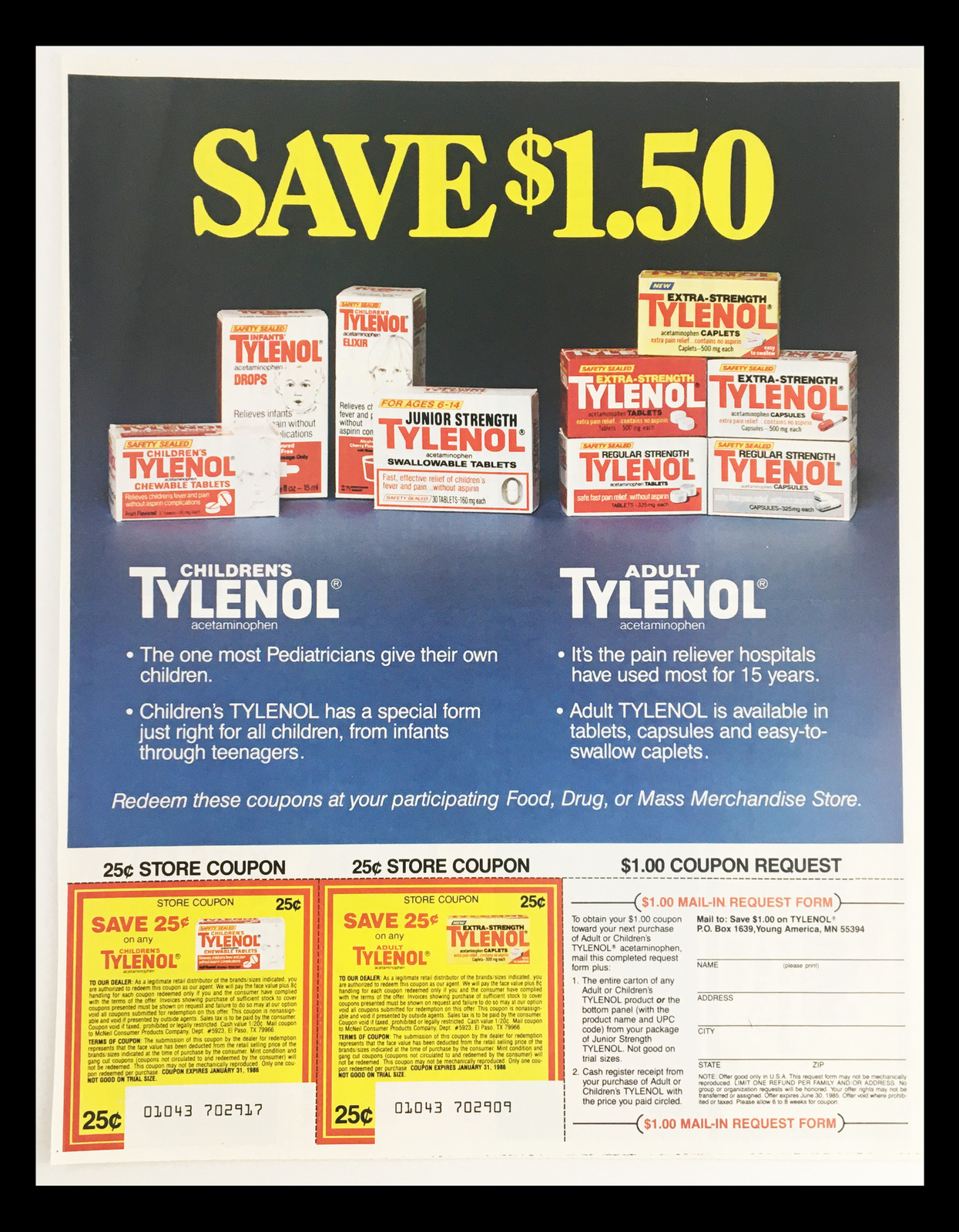 1985 Tylenol Acetaminophen Tablets Circular Coupon Advertisement
