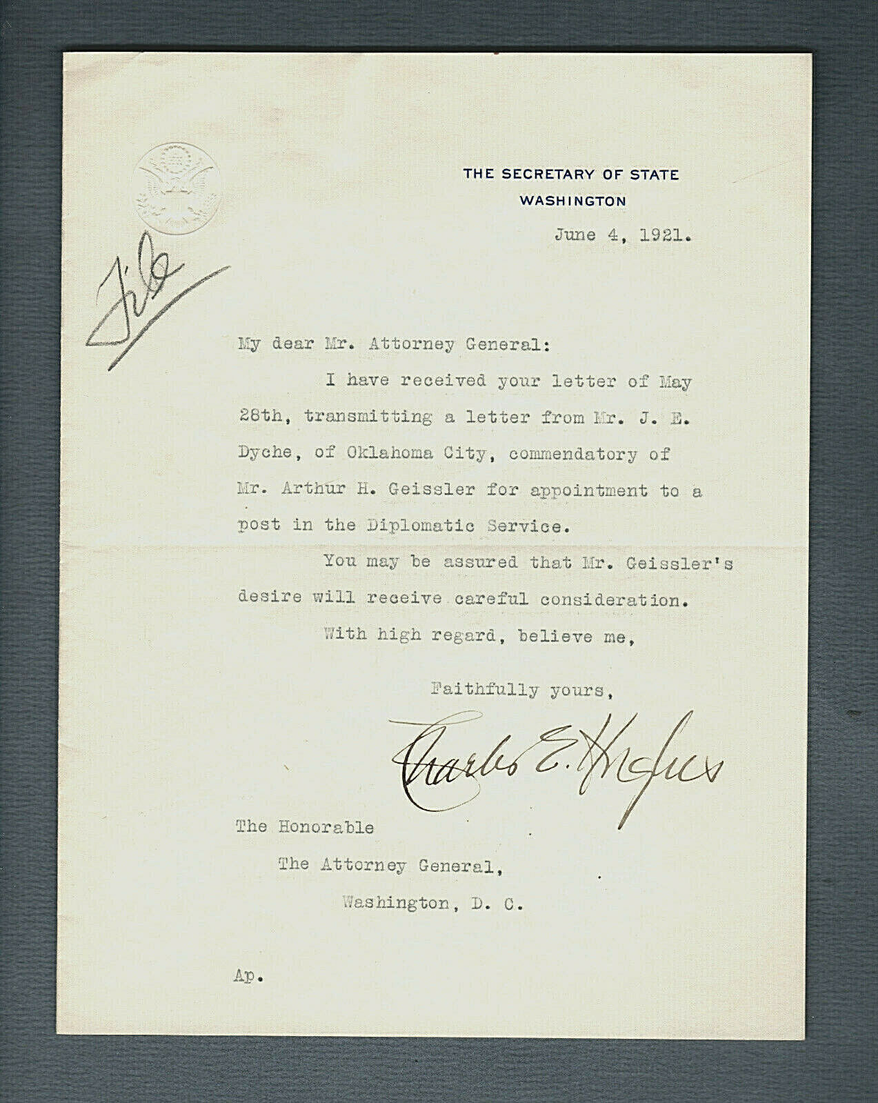 CHARLES EVANS HUGHES 1916 GOP PRESIDENTIAL NOMINEE - U. S. CHIEF JUSTICE - COA
