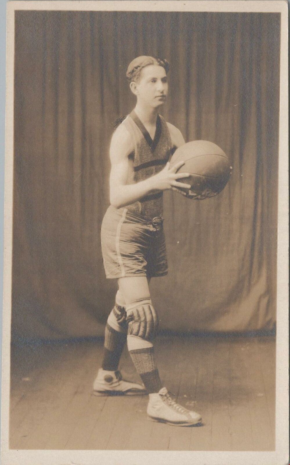 RPPC Postcard Boy Holding Basketball Wearing Knee Pads c. 1900s 