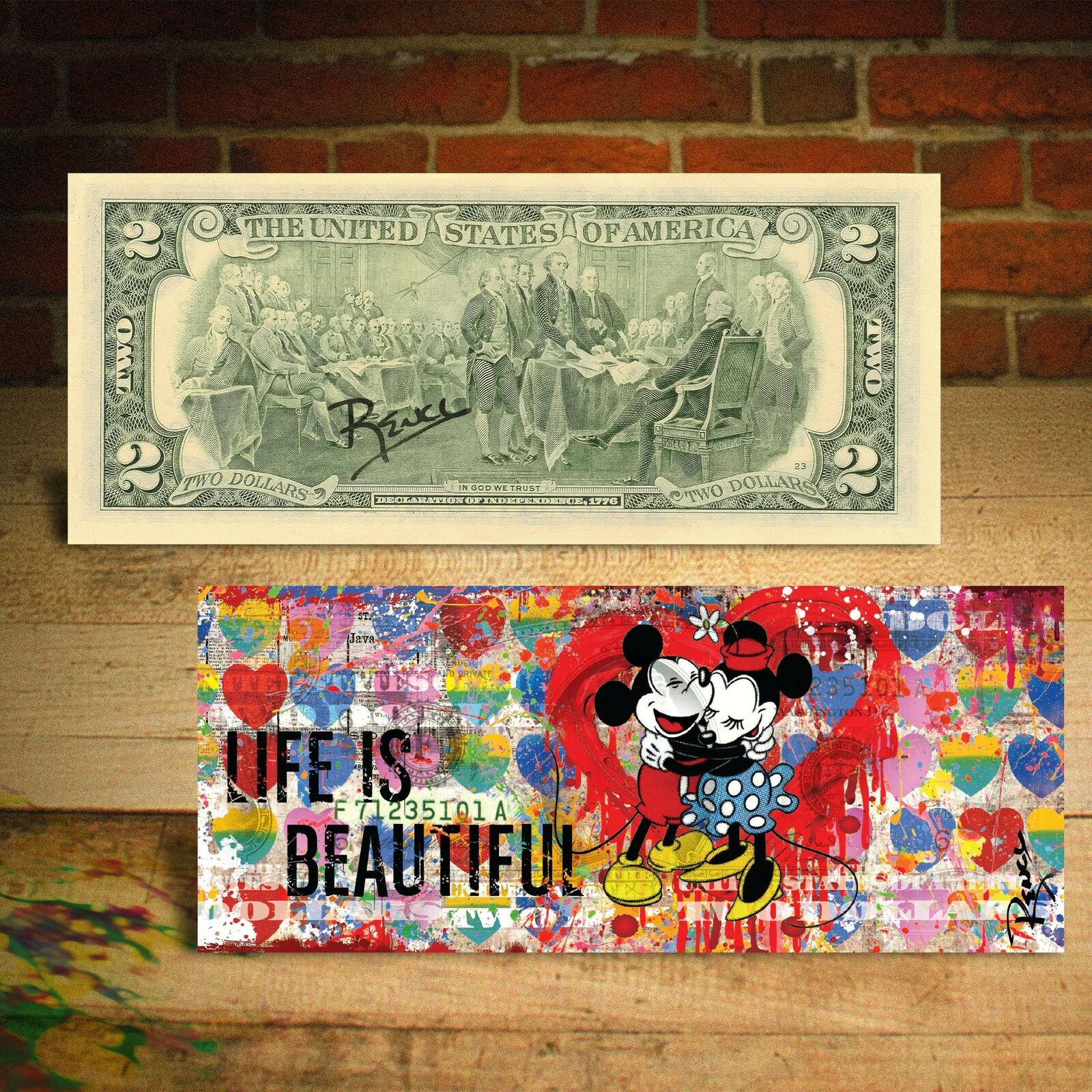 MICKEY & MINNIE MOUSE - LIFE IS BEAUTIFUL $2 Genuine Bill Rency Art HAND-SIGNED