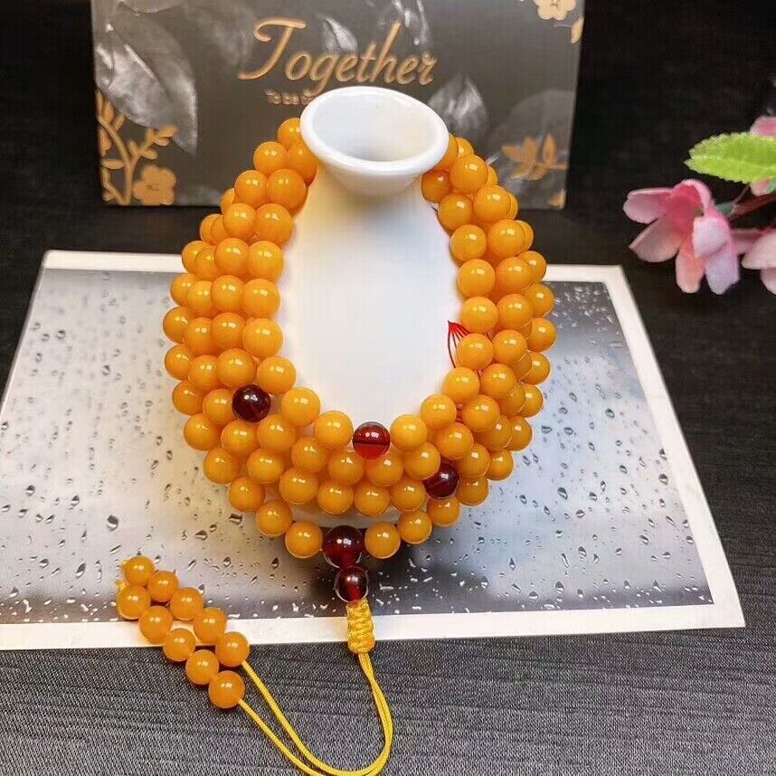 6mm Natural Yellow Amber Gemstone Crystal 108 Prayer Round Beads Bracelet AAAAA