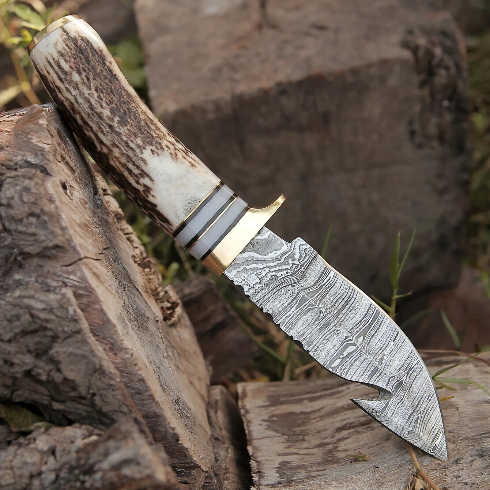 Handmade Forged Damascus Steel Gut Hook Hunting Knife EDC With Original Stag