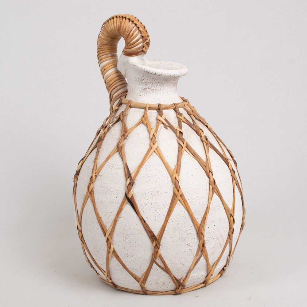Vintage Coastal Rattan Wrapped Terra Cotta Pitcher 15” Top Of Handle Vase
