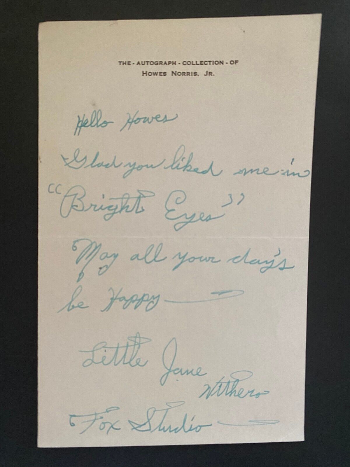 1935 Jane Withers (Child star, actress) Autographed Note, Signed at the Age of 8