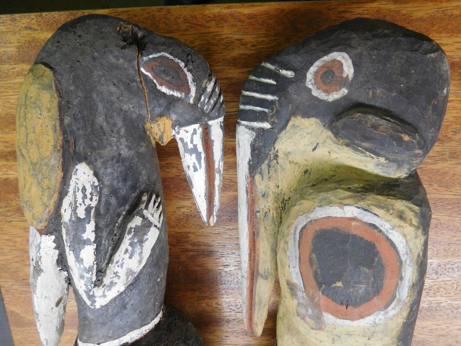 Vintage Hornbills on Heads Man/Woman Pair of Towering African Carvings in 4Color
