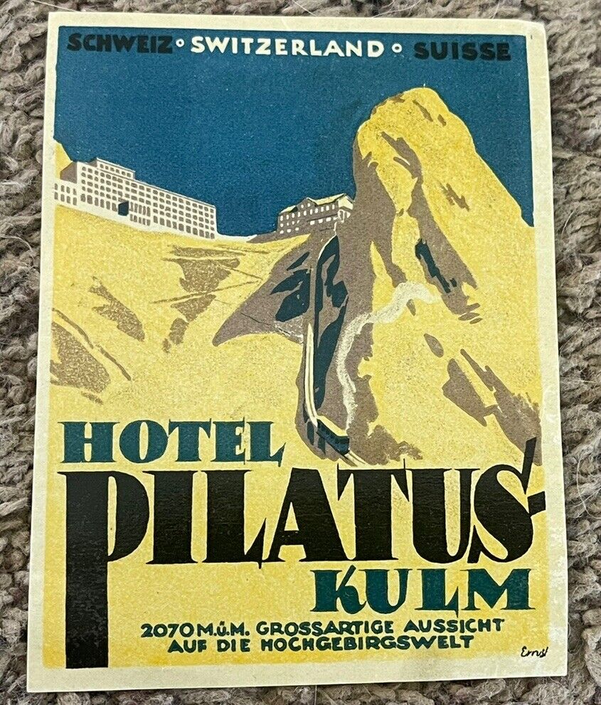 Vintage Pilatus Hotel Kulm Switzerland Original Luggage Baggage Label, 3.25x4.25