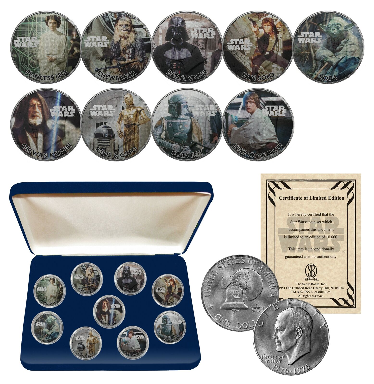 STAR WARS Genuine 1976 Eisenhower Dollar 9-Coin Set w/ BOX - OFFICIALLY LICENSED