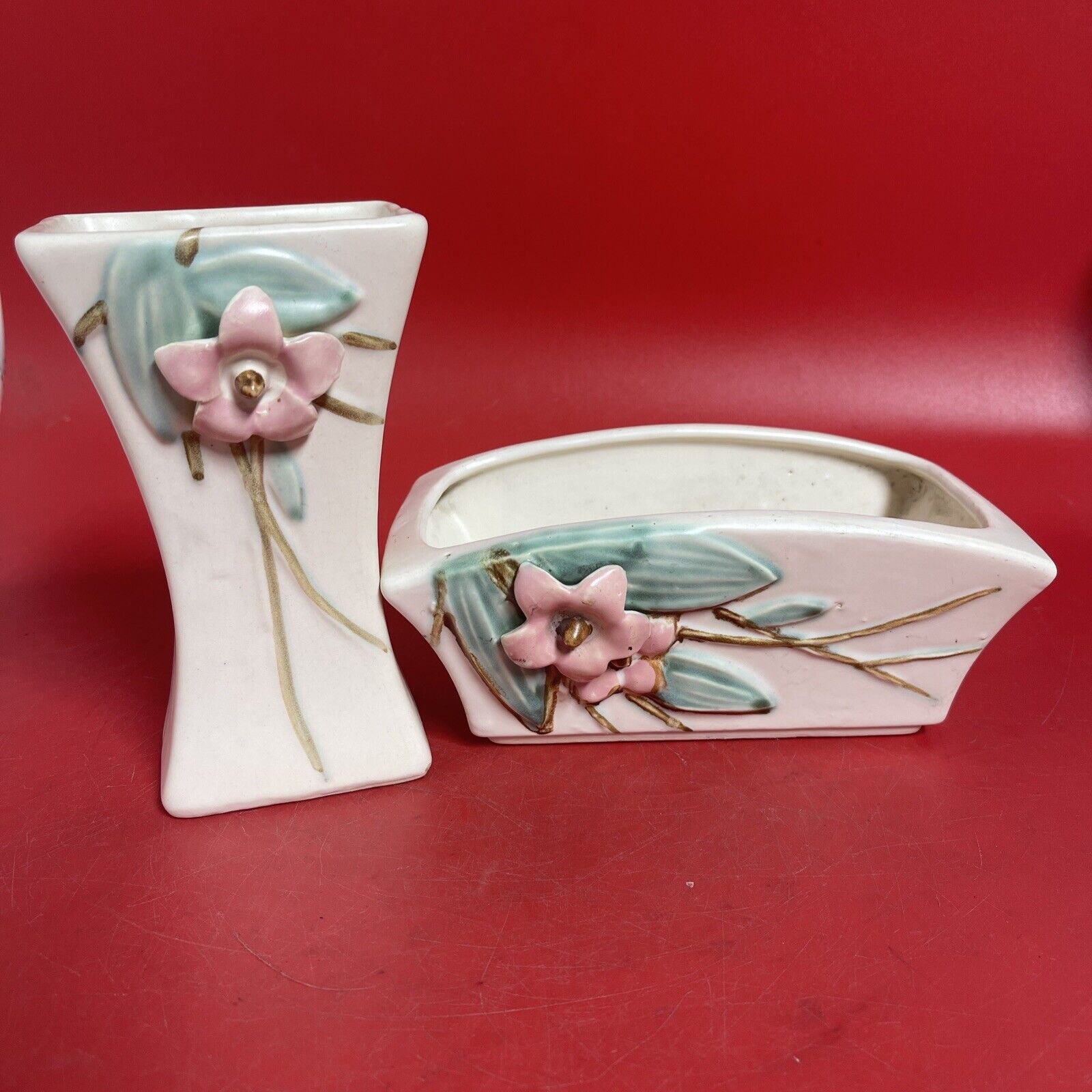 Vintage McCoy White porcelain Vases/ Two  BLOSSOM TIME/RAISED DOGWOOD  Flowers