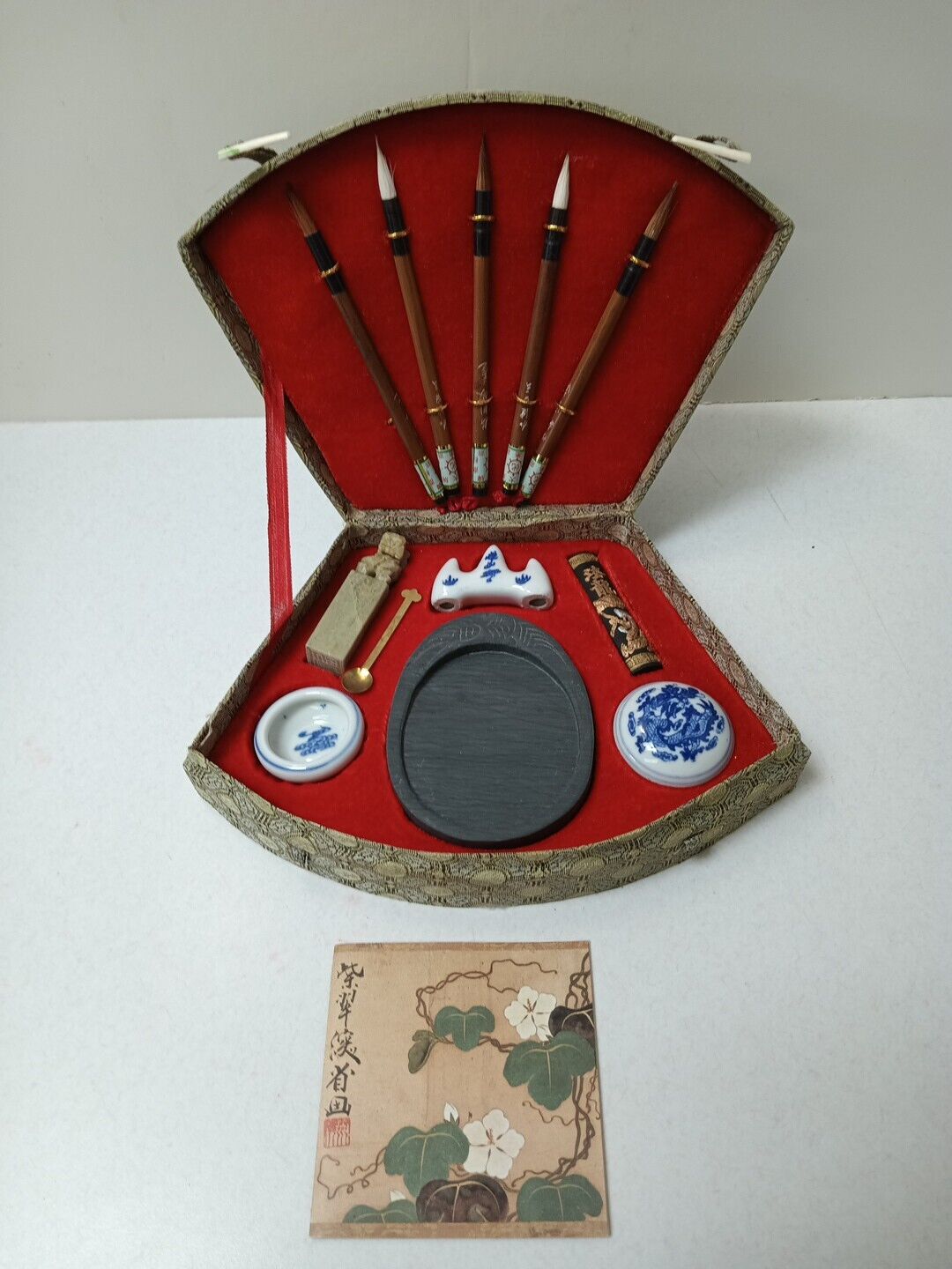 Vtg. Chinese Ink Calligraphy Set Brushes Holder Case Stone Pallet Ink Chop