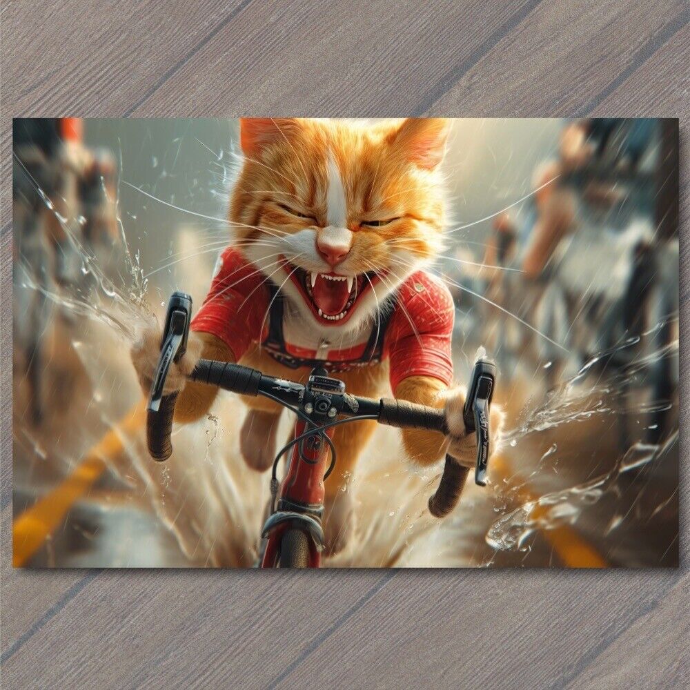 POSTCARD Cat Cycling Bicycle Race Tour Pet Old Vibe Unusual Cute Strange Fun