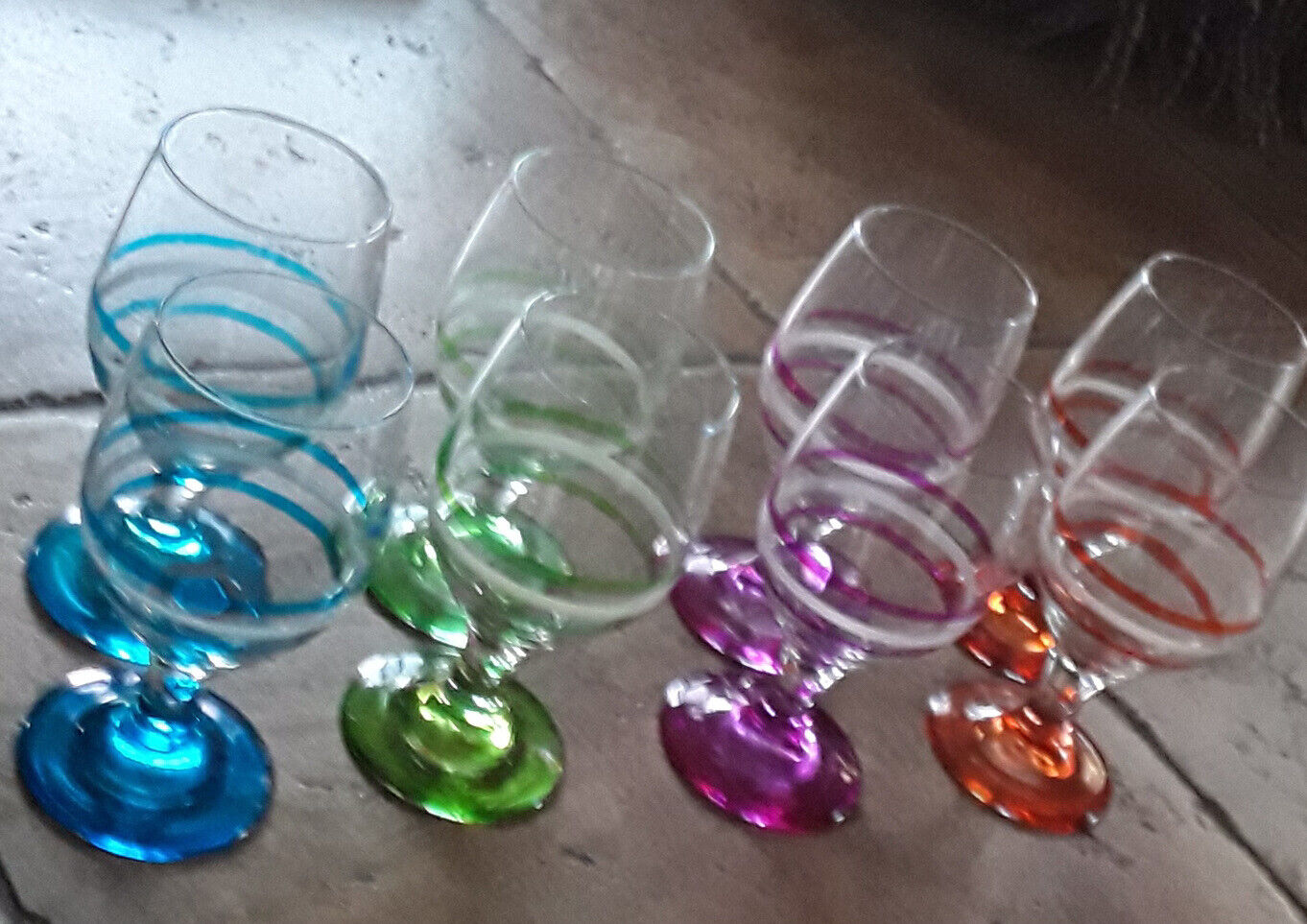 Antique Colorful Wine Glasses Carnival Colors, 8 piece set collectible