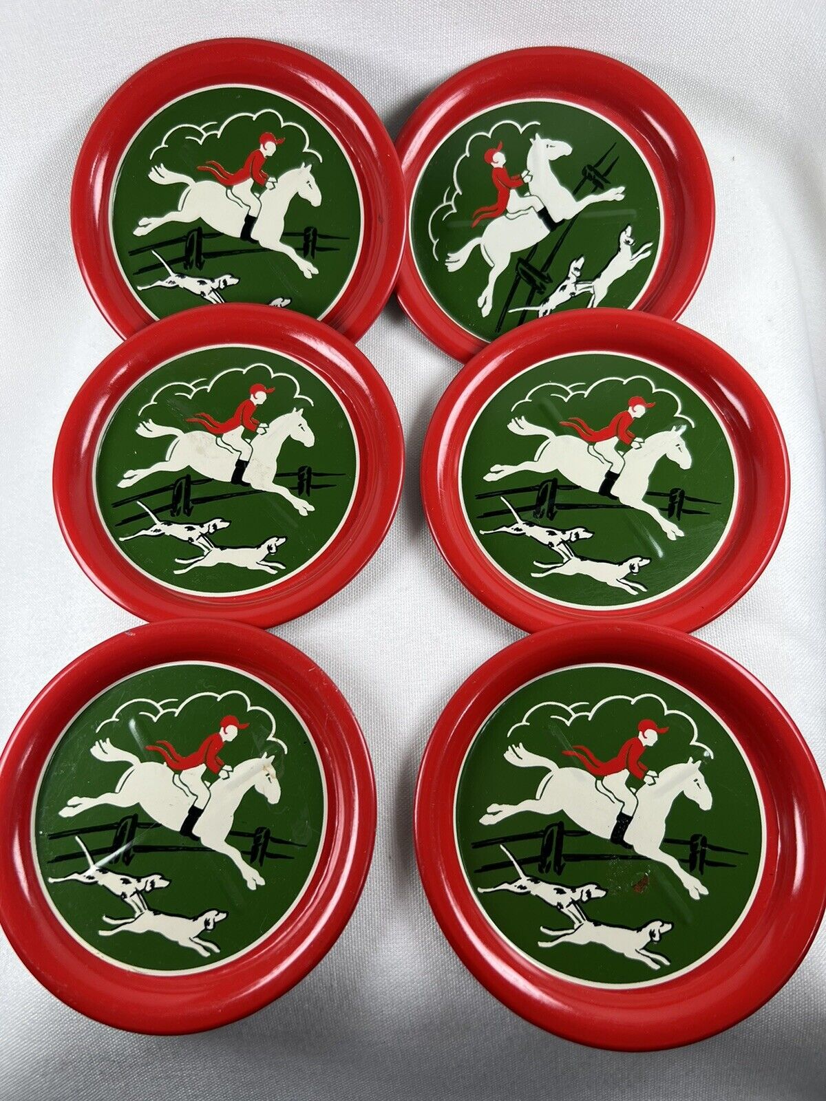 Vintage Tin litho Coaster Set Six 6 Fox Hunt Scene Horse Rider Dogs 3 1/2\