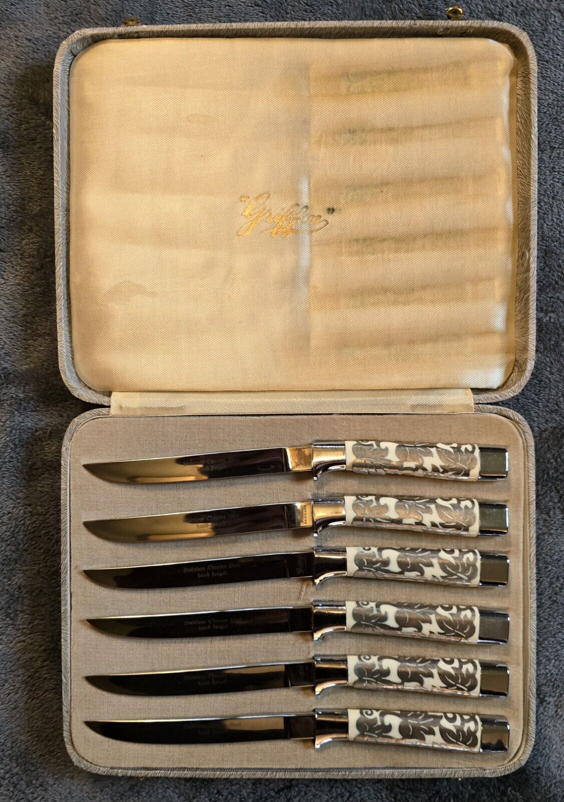Vintage Griffon Steak 6 Knife Set Chrome Stainless Steel Hand Forged Silverware