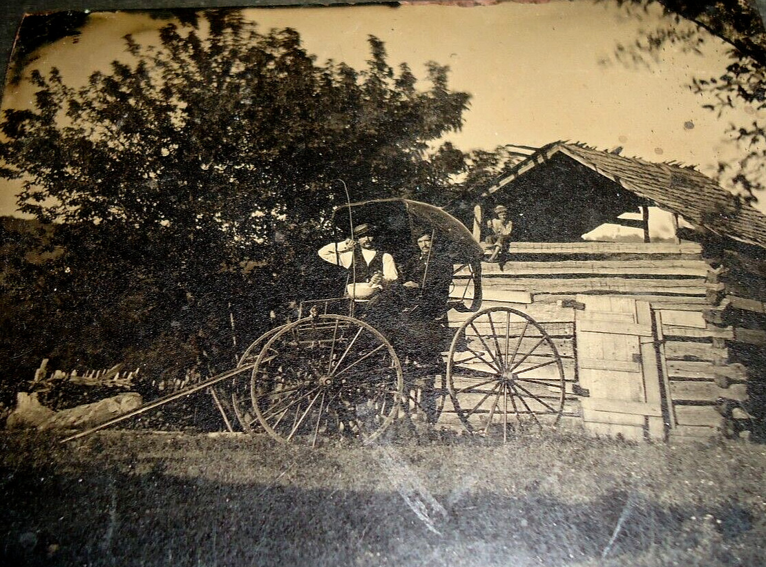 6th, P. Tintype OUTDOOR VIEW LOG CABIN w/Little Boy, TWO MEN in HORSE & BUGGY .