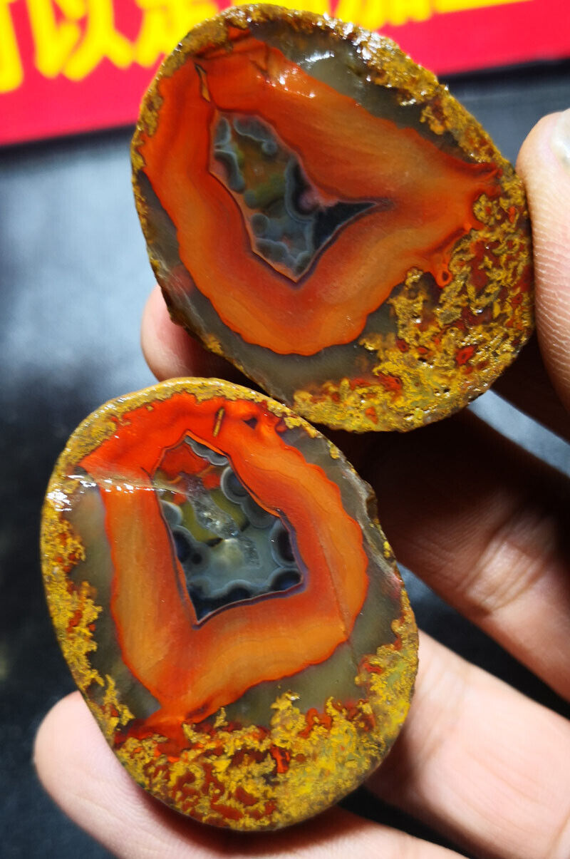 1Pair Rare China Natural Warring States Red Agate Geode Quartz Crystal Slices