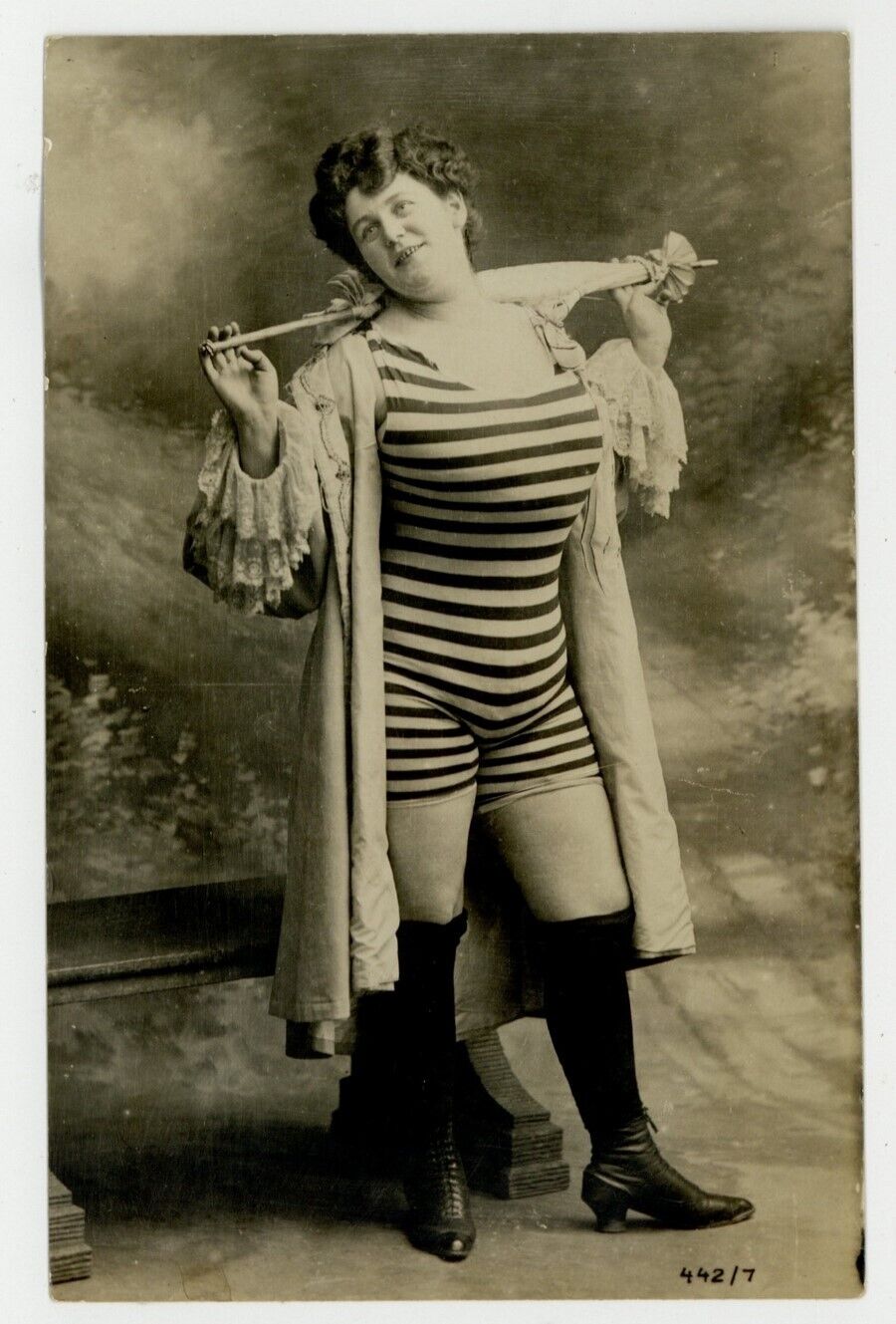 Risque Chunky Female 1900 Swimsuit RPPC Thick Boobs Stockings Vintage Prostitute