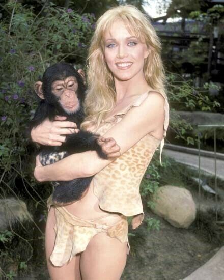 Tanya Roberts holds baby chimp in publicity pose as Sheena 1984 11x17 Poster