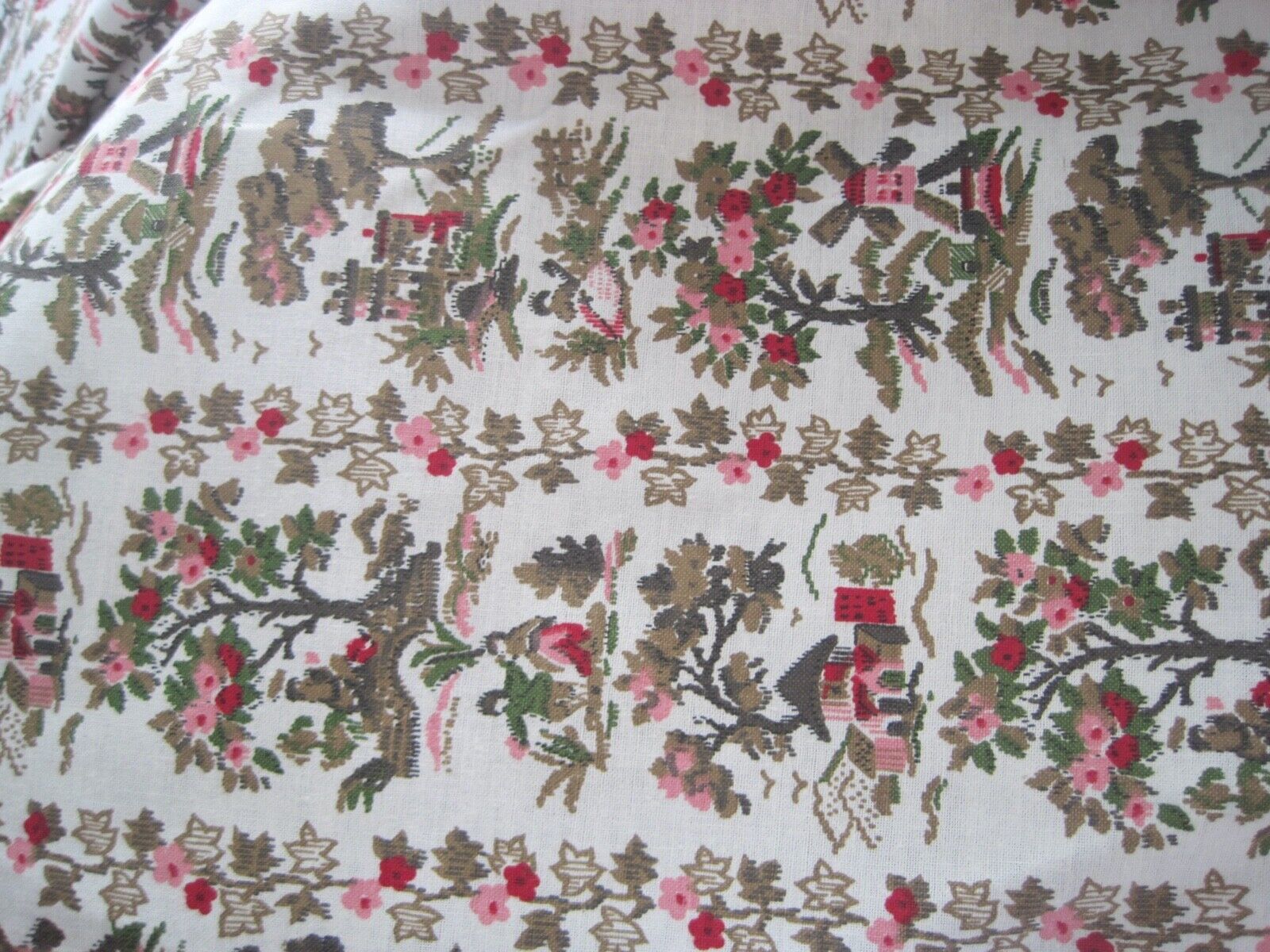 Fabric Pink Green Houses Windmill High End Heavier Fabric For Drapes Upholstery