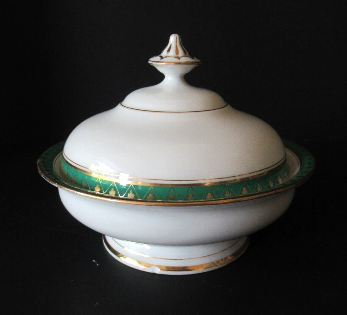 Vintage Davis Collamore NY porcelain covered round butter dish green gold
