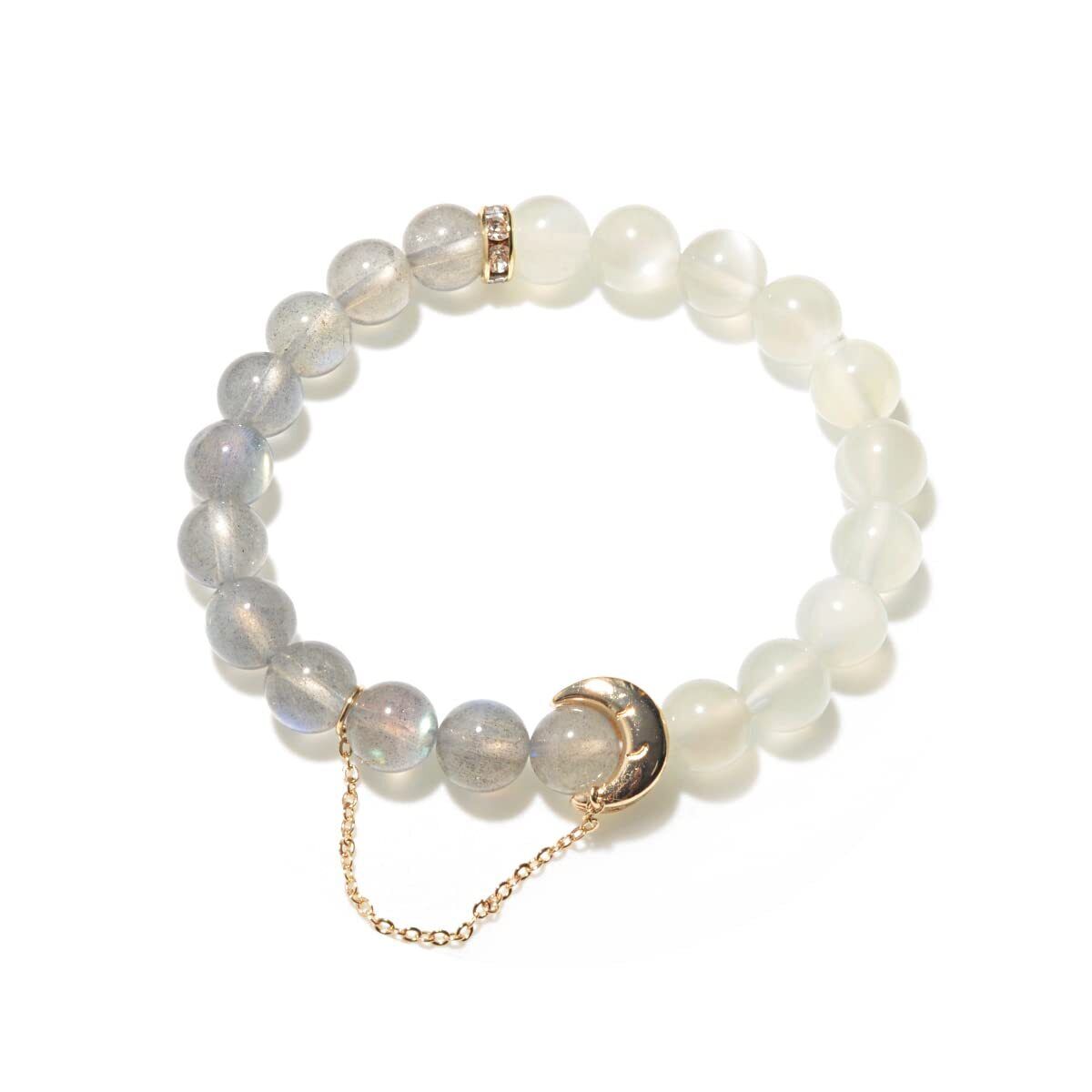 Women Gray White Moonstone 14K Gold Moon Chain Natural Crystal Elastic Bracelet