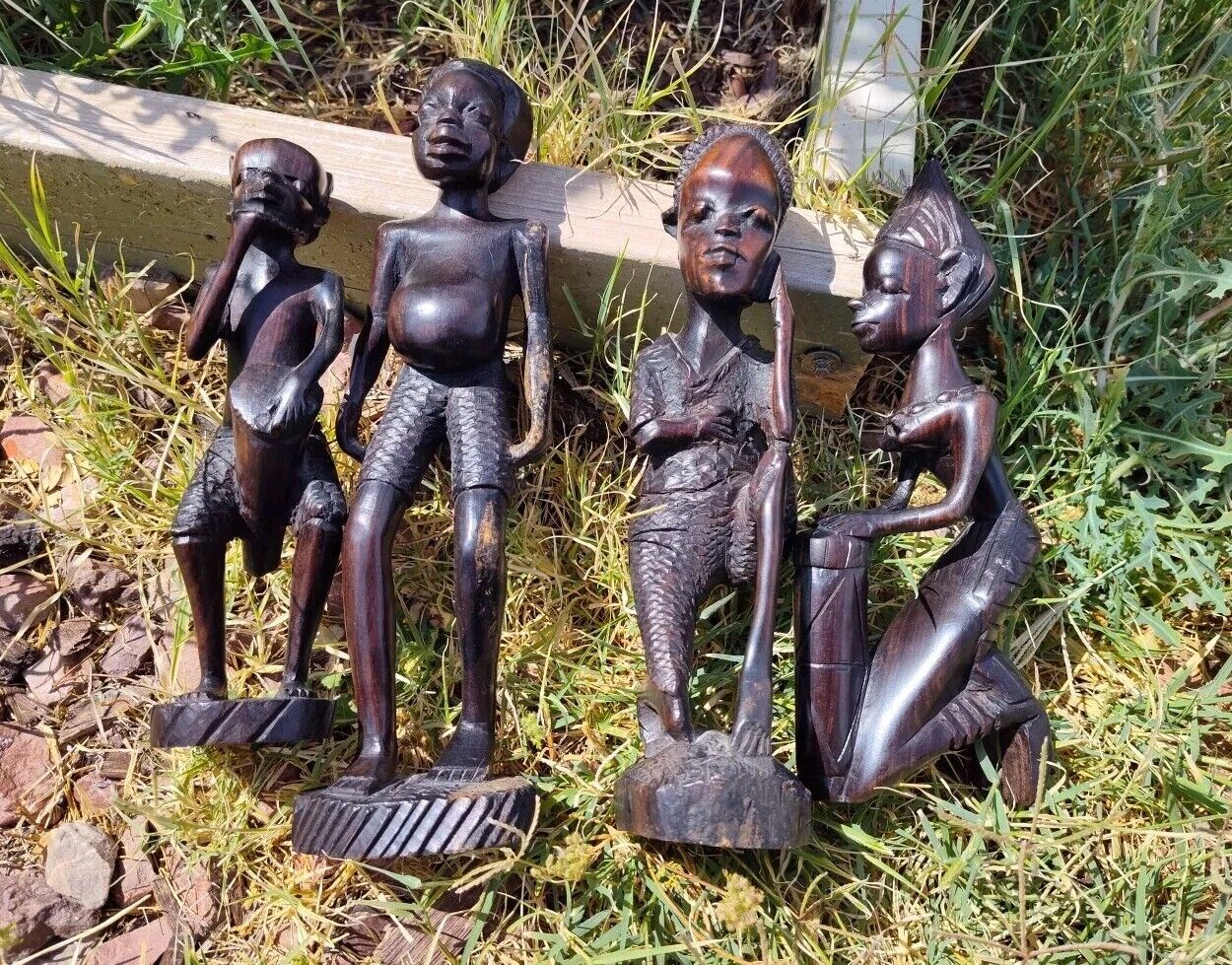 Lot of 4 African Tribal Men Women Hand Carved Black Wood Figurines Statues Swazi