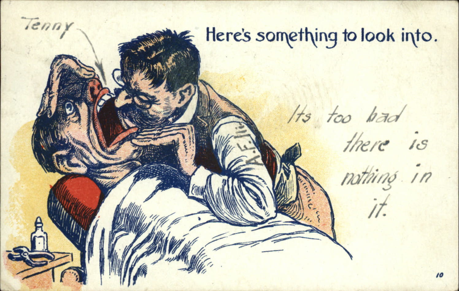 Dentist pun comic Something to Look Into terrified patient UDB 1907 to Canton PA