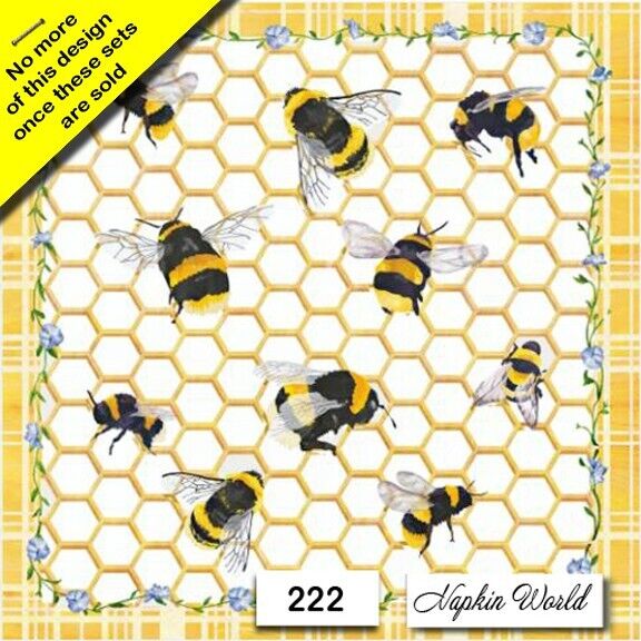 (222) TWO Individual Paper LUNCHEON Decoupage Napkins - BEES HONEYCOMB INSECTS