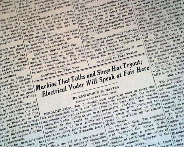 Voder Bell Labs Electronic Voice Synthesizer Speech INVENTION 1939 old Newspaper