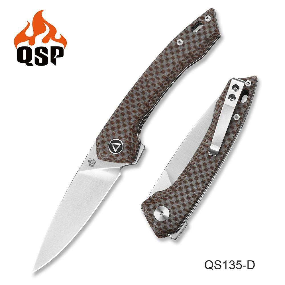 QSP Leopard Folding Knife Black/Gray Linen Micarta Handle Sandvik Plain QS135-D