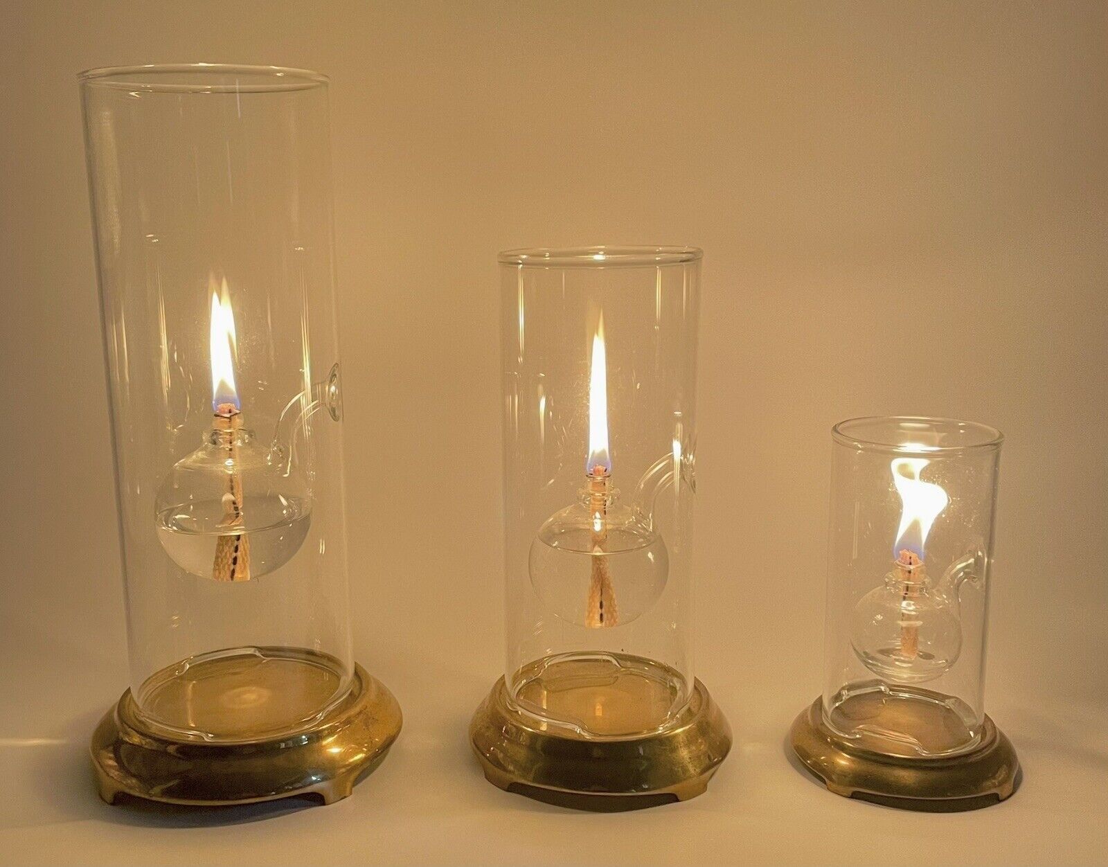 3 VTG Wolfard Oil Lamps Brass Stands Wick Sedak Andrea Hand Blown 12”, 9”, 6”