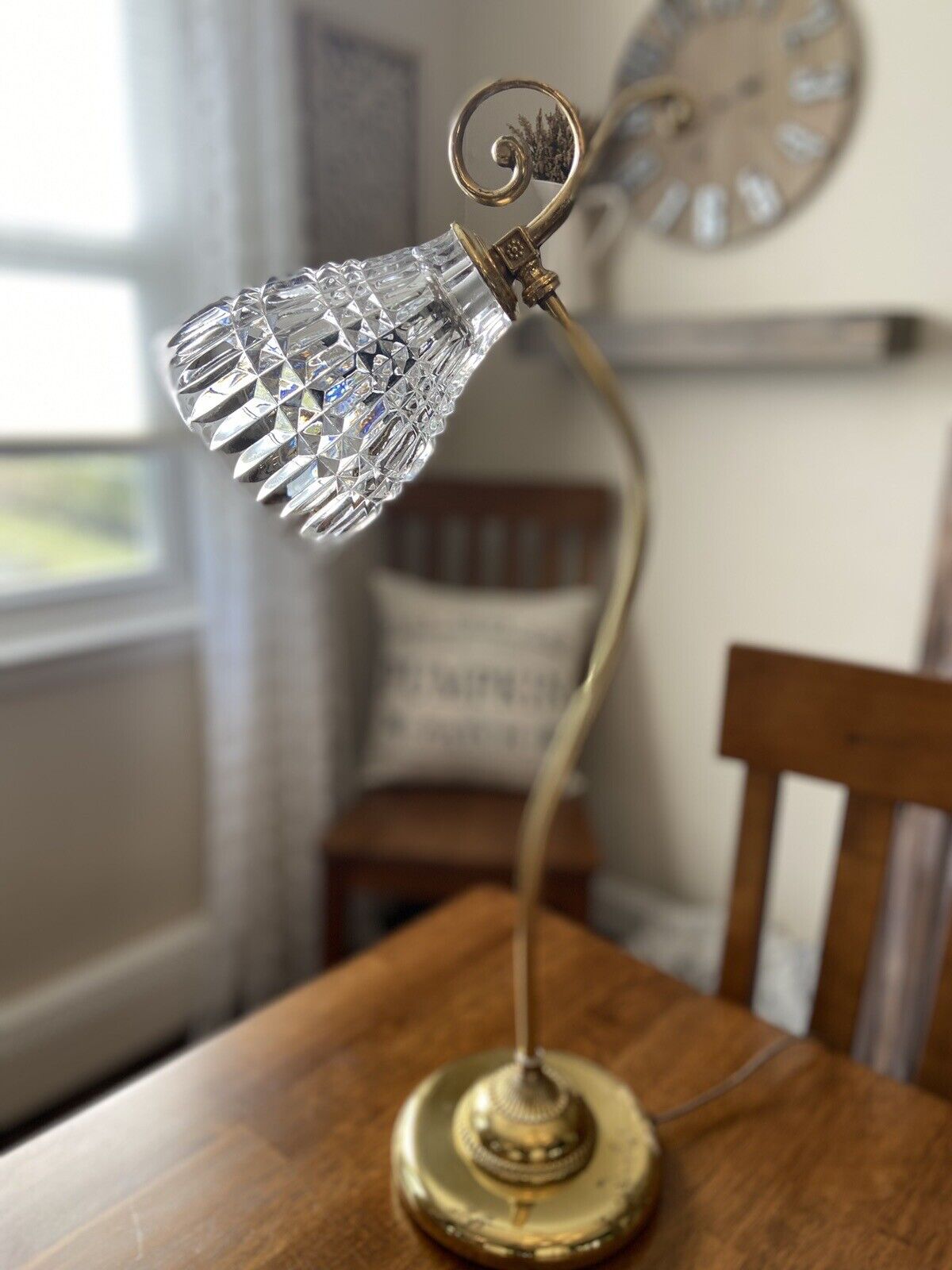 Vtg MCM  Brass Gooseneck Table Lamp Crystal Shade Hollywood Regency  Victorian