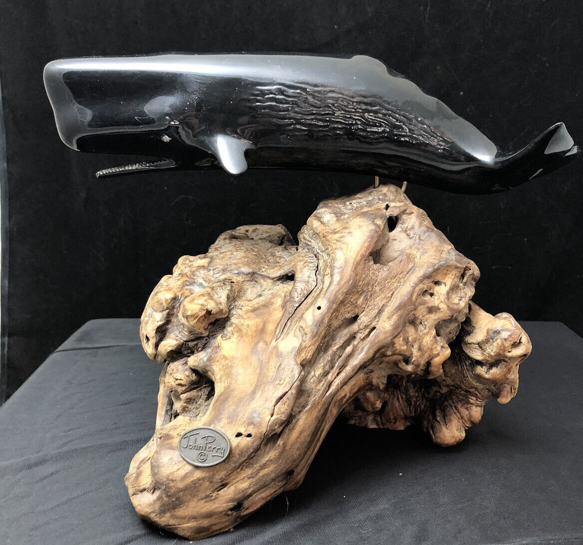 John Perry Sperm Whale Burl Wood Sculpture Vintage