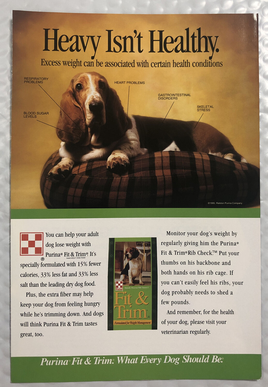 Vintage 1995 Original Print Ad Full Page - Purina Fit & Trim Heavy Isn’t Healthy