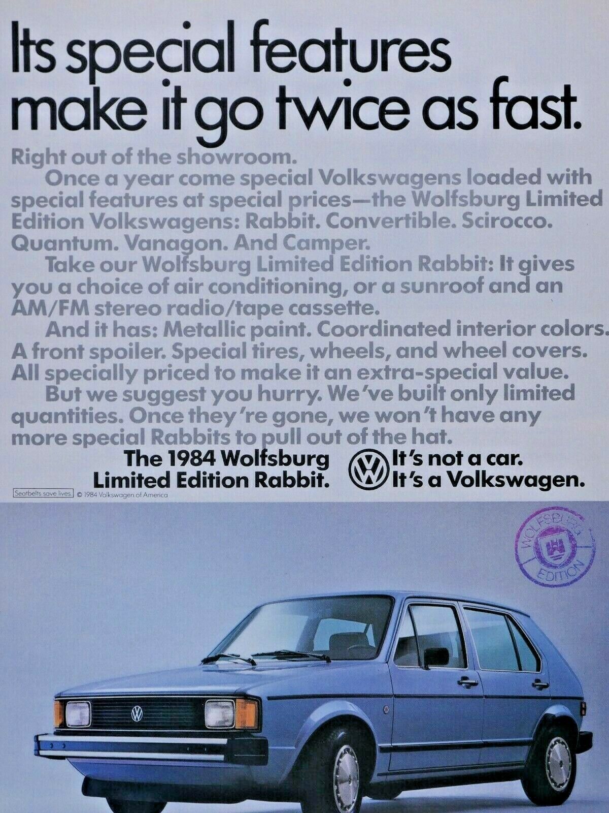 1984 Volkswagen Limited Edition Wolfsburg Rabbit VTG Original Print Ad 8.5 x 11\
