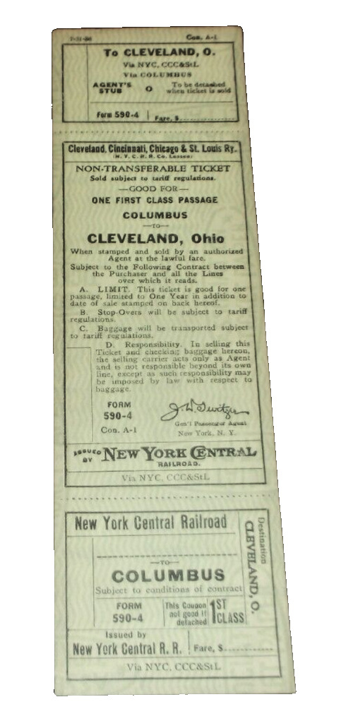 1936 BIG FOUR NEW YORK CENTRAL NYC UNUSED TICKET CLEVELAND TO COLUMBUS OHIO