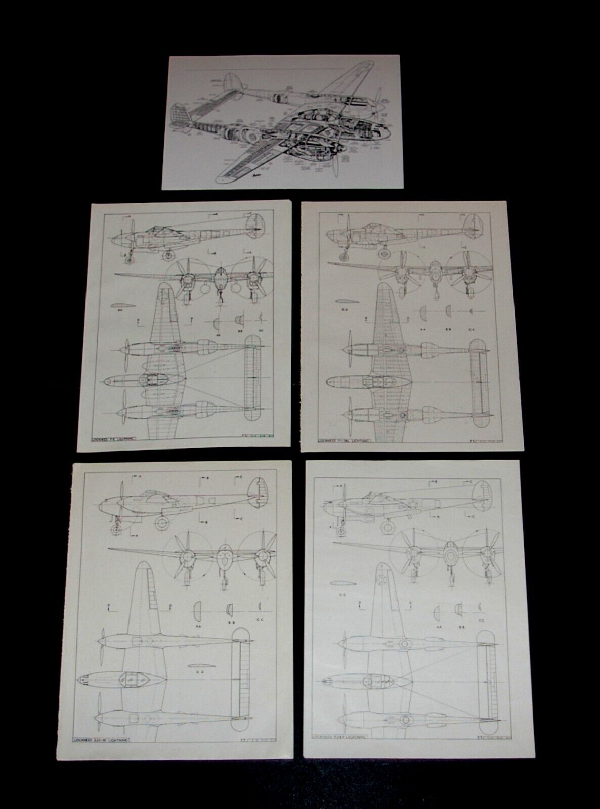 WW2 LOCKHEED LIGHTNING: 5 items - Cutaway diagram & Plans of 4 versions 1941-45