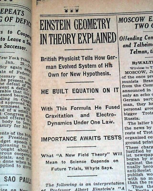 Albert Einstein Unified Field Theory Gravitation Electromagnetic 1929 Newspaper 