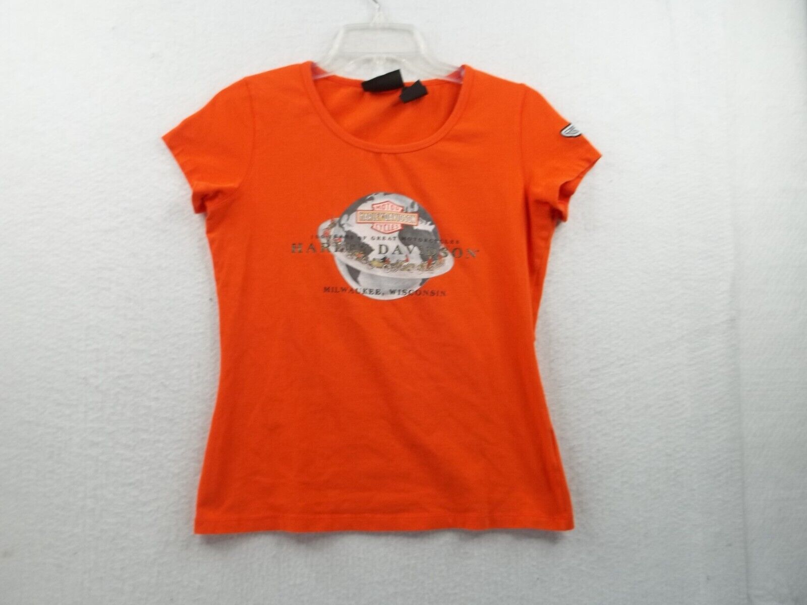 Harley Davidson Womens Orange T Shirt Size Small 100 Years of Great Motorcycles
