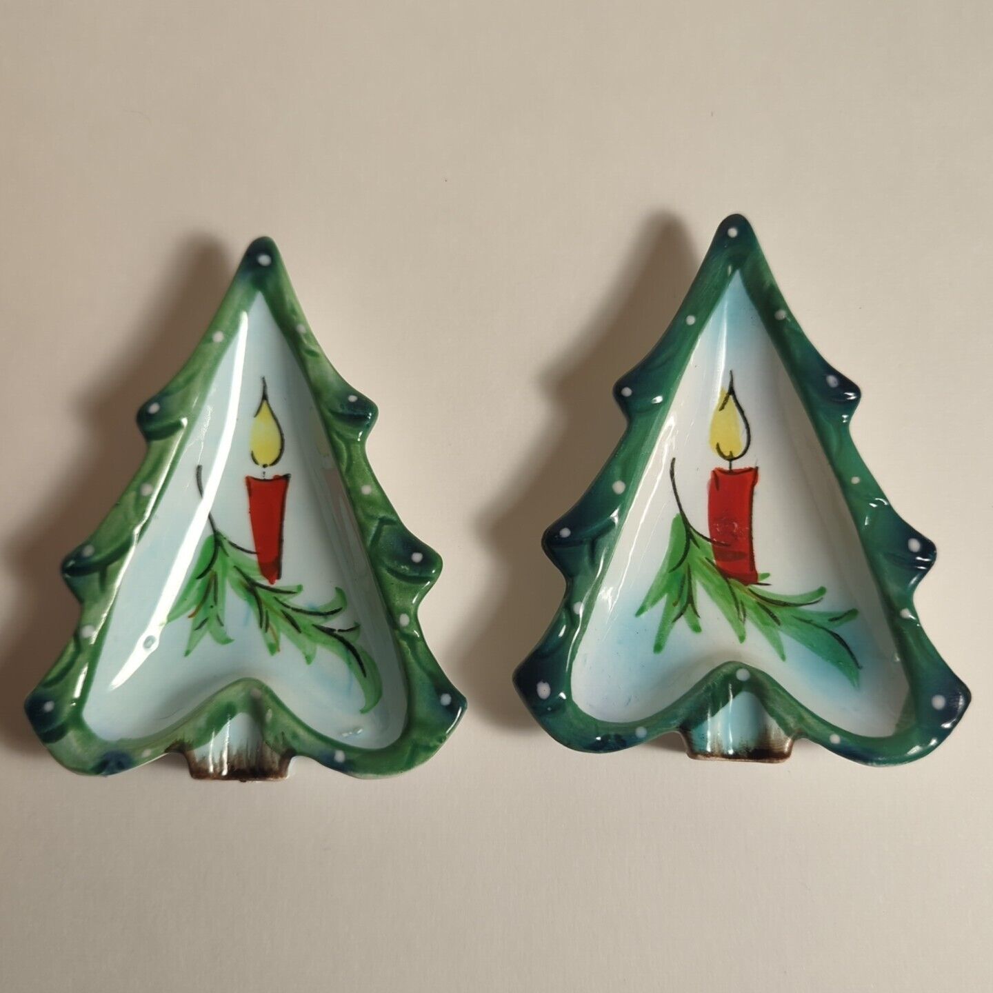 TWO Vintage HOLT HOWARD 1959 Christmas Tree Ceramic Trinket Dish Ashtray KITSCHY