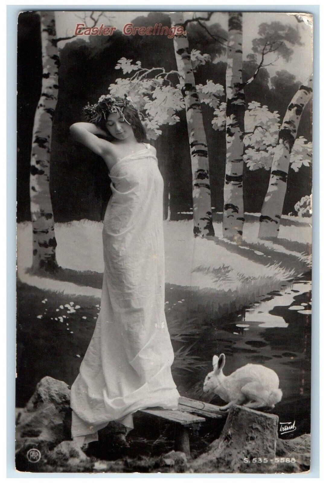 1907 Easter Greetings Pretty Woman Rabbit Corning CA RPPC Photo Posted Postcard